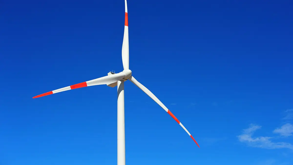 Wind turbine at a wind farm in Taltal, Antofagasta Region, against a clear sky