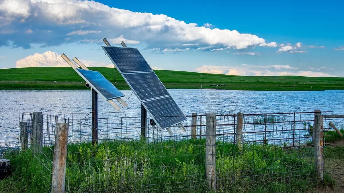 Paneles solares que alimentan una bomba de agua junto a un tranque en un campo