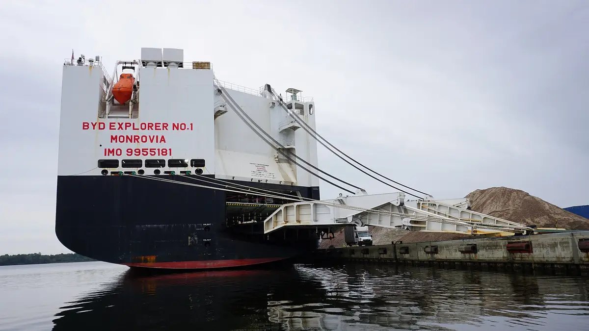 BYD Explorer No. 1 car carrier ship docked in a port