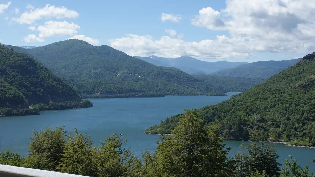 Ralco reservoir surrounded by forested hills in Alto Biobío