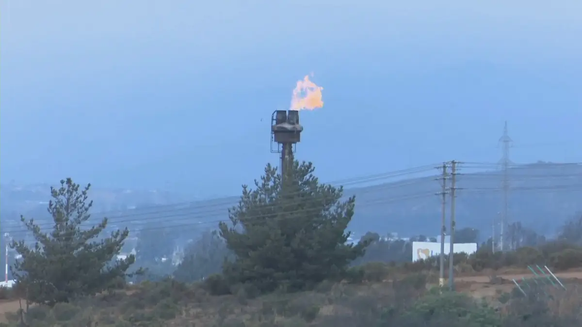 Lit flare at Enap's refinery in Concón seen between trees