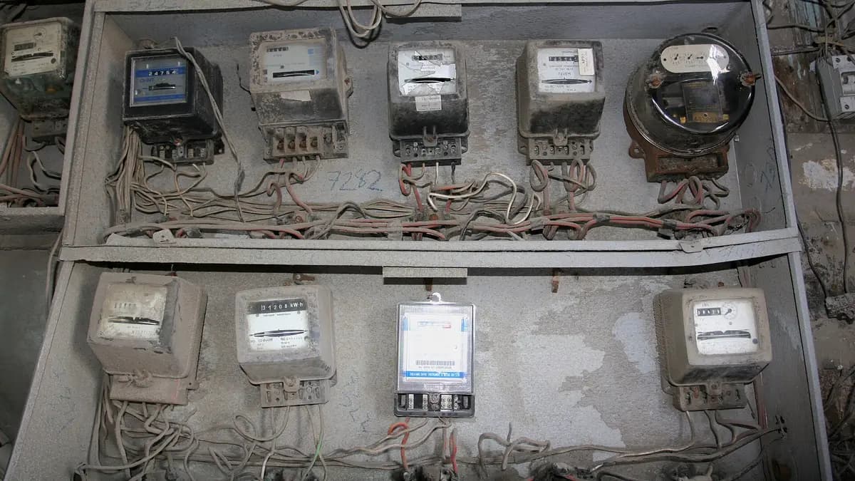 Vários medidores elétricos instalados em uma parede com fios à mostra