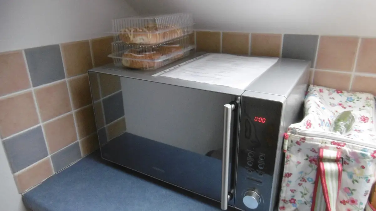 Stainless steel microwave on a kitchen counter with colourful tiles