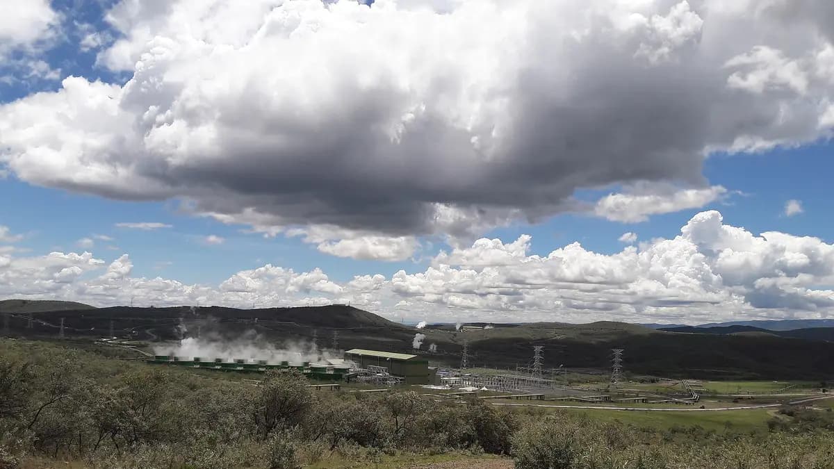 View of the valley with the Olkaria V geothermal power plant and steam plumes in Kenya