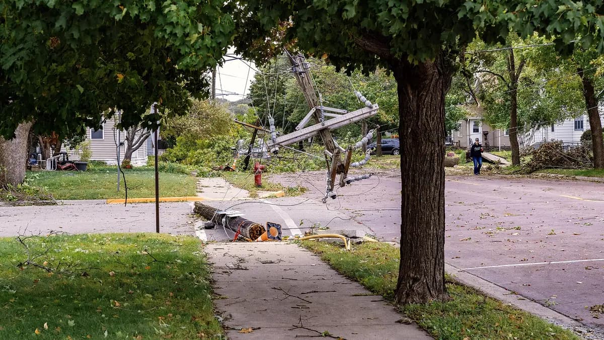 Poste del tendido eléctrico caído sobre una calle después de un temporal