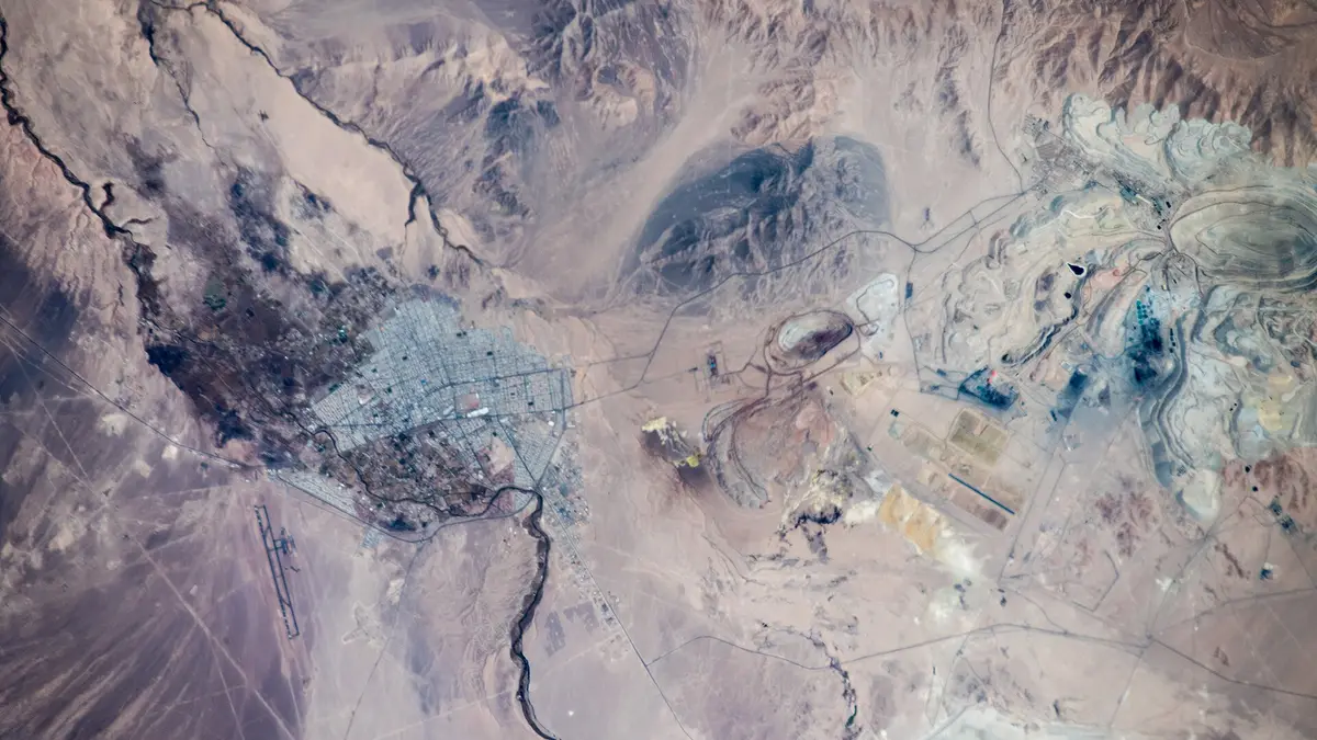 Aerial view of the Chuquicamata open pit with its benches and haul roads