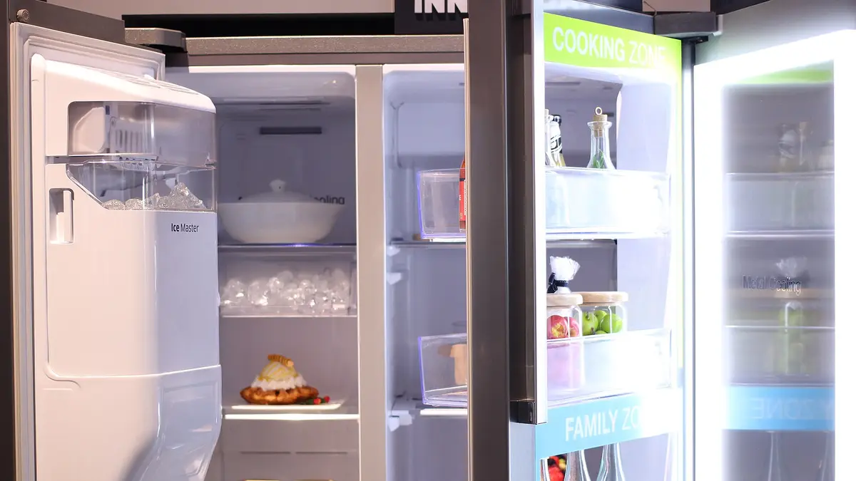 French door refrigerator open at an appliance showcase