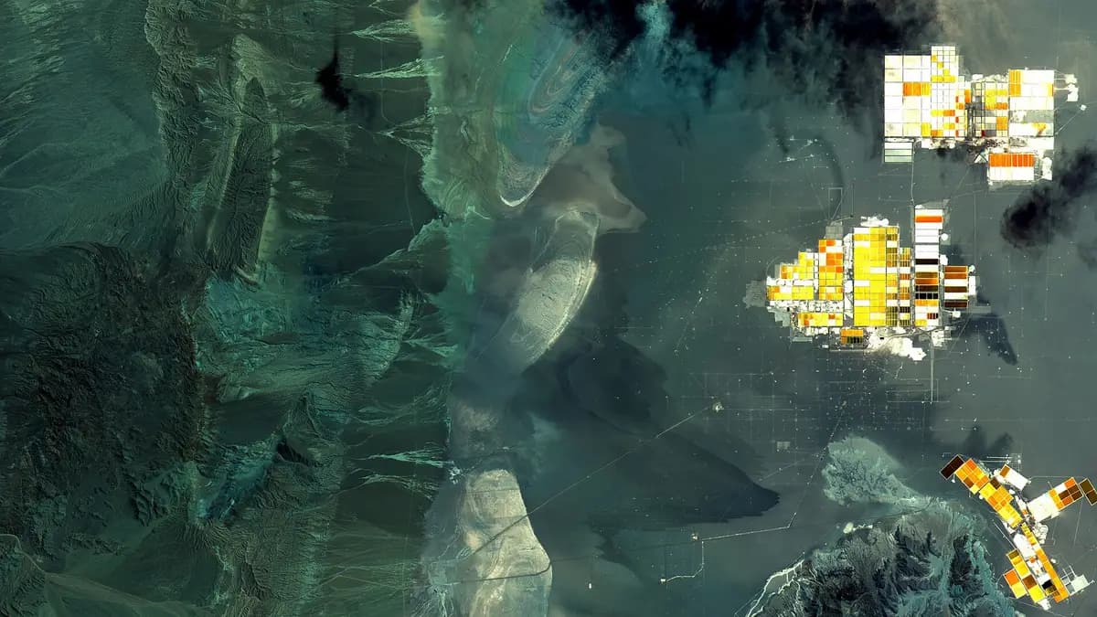 Satellite view of the Salar de Atacama with lithium operations in light tones