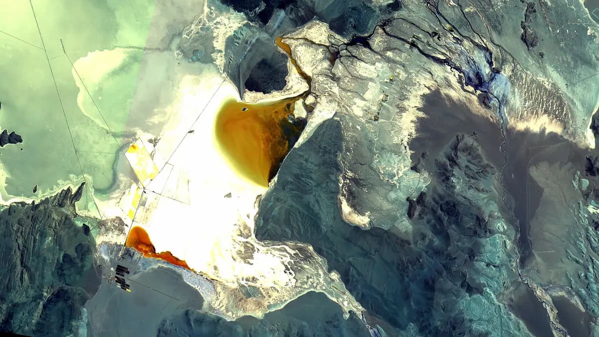 Satellite image of the Salar del Hombre Muerto in Argentina with evaporation ponds