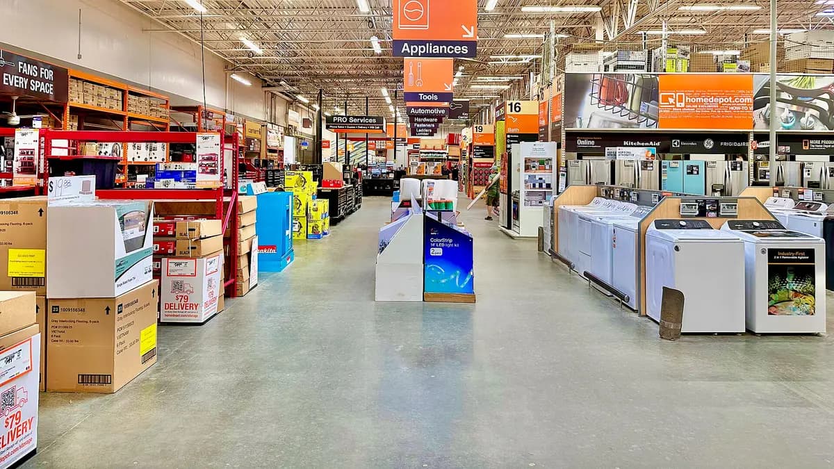Corredor de uma loja com eletrodomésticos em exposição