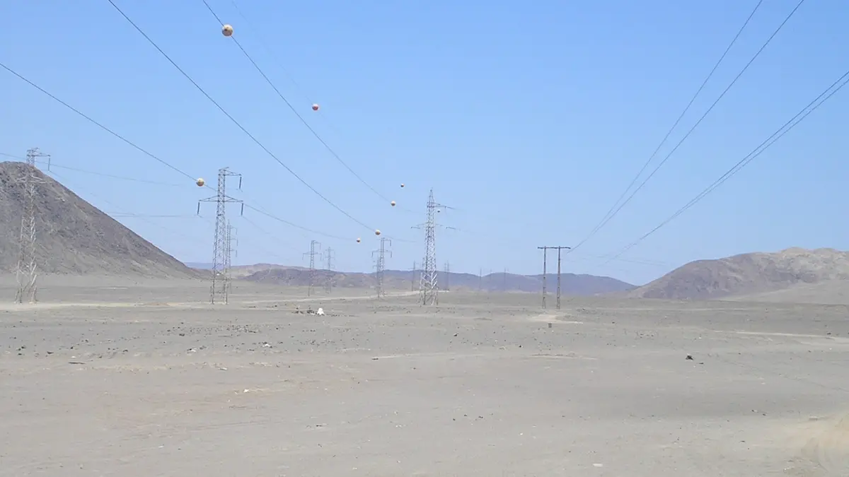 High-voltage towers crossing the desert near Mejillones, in Chile's Antofagasta Region
