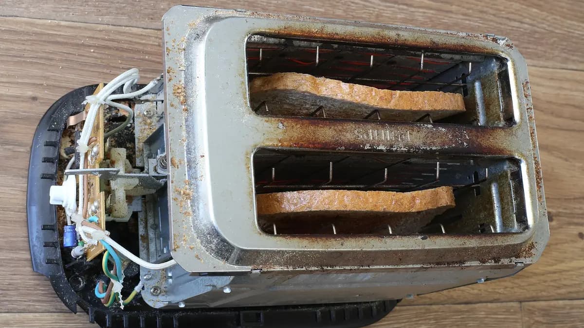 Tostadora eléctrica abierta por debajo, con el mecanismo, los cables y dos rebanadas de pan en las ranuras