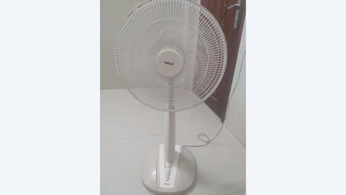 White pedestal fan in a room